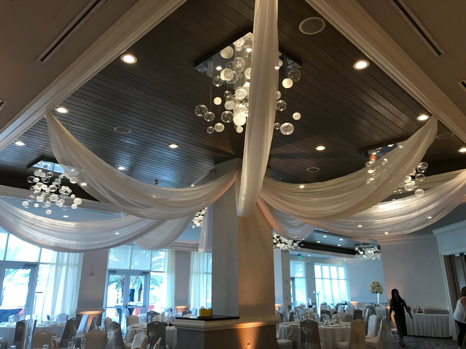 white draped ceiling florals chandelier