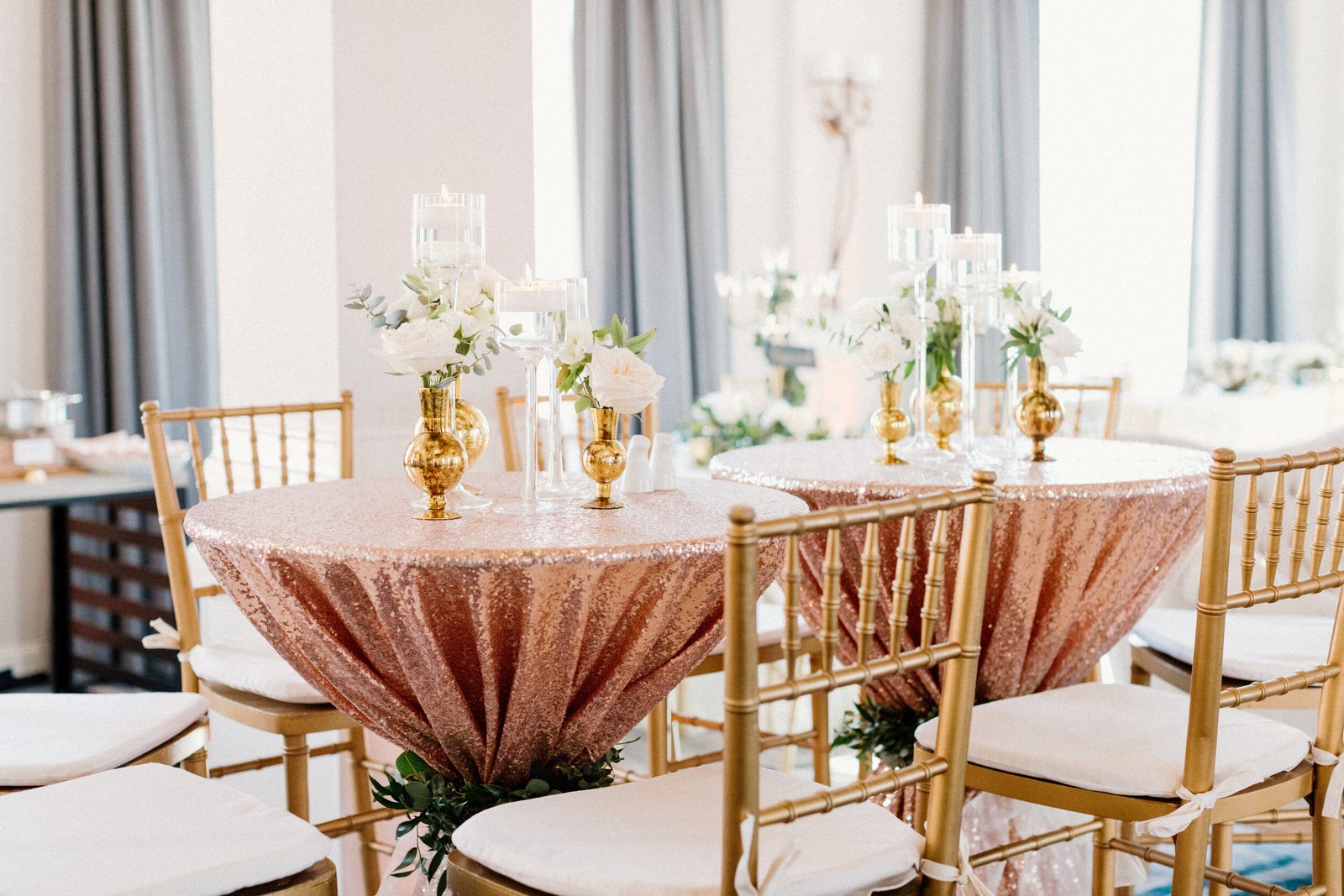round table rose gold sequin linen gold chairs