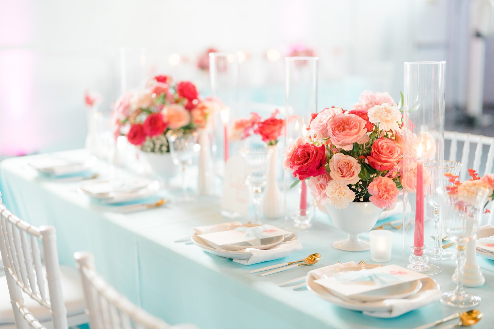 long table coral florals candles