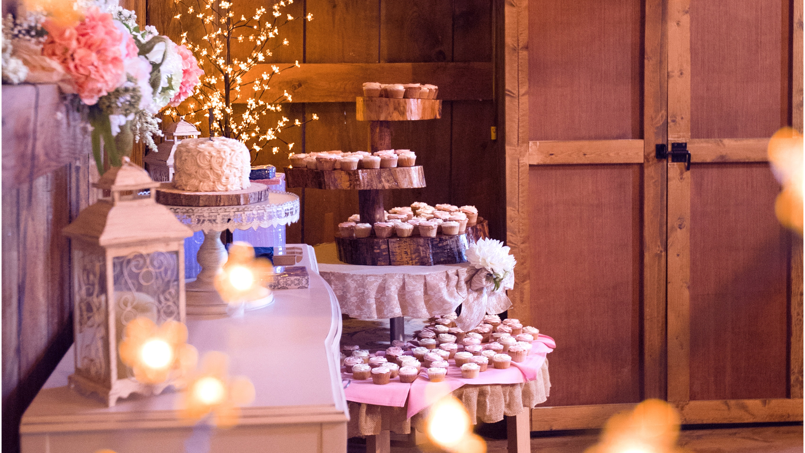 dessert cake table candles purple uplighting barn