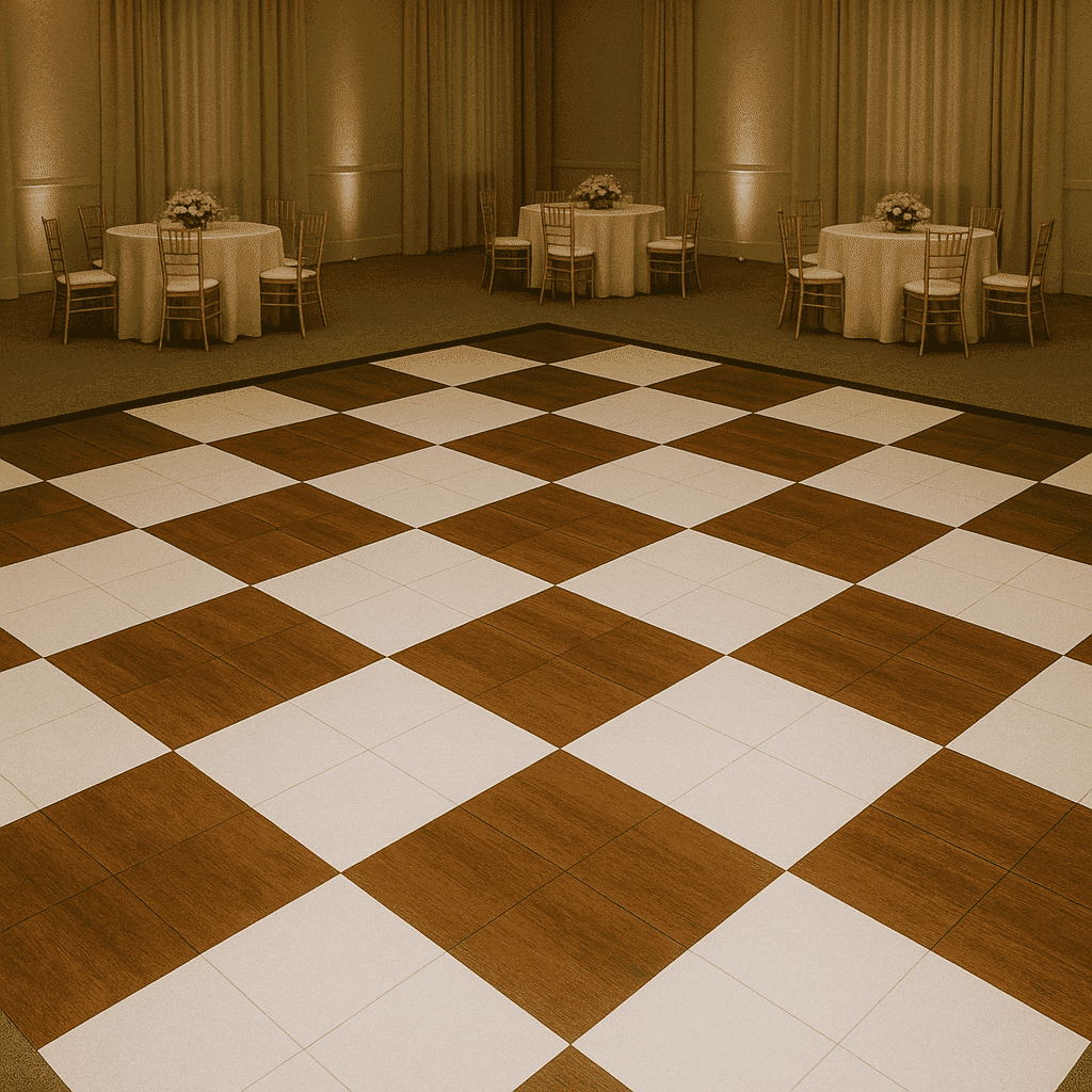 Ballroom with large white and dark maple checkered dance floor surrounded by banquet tables.