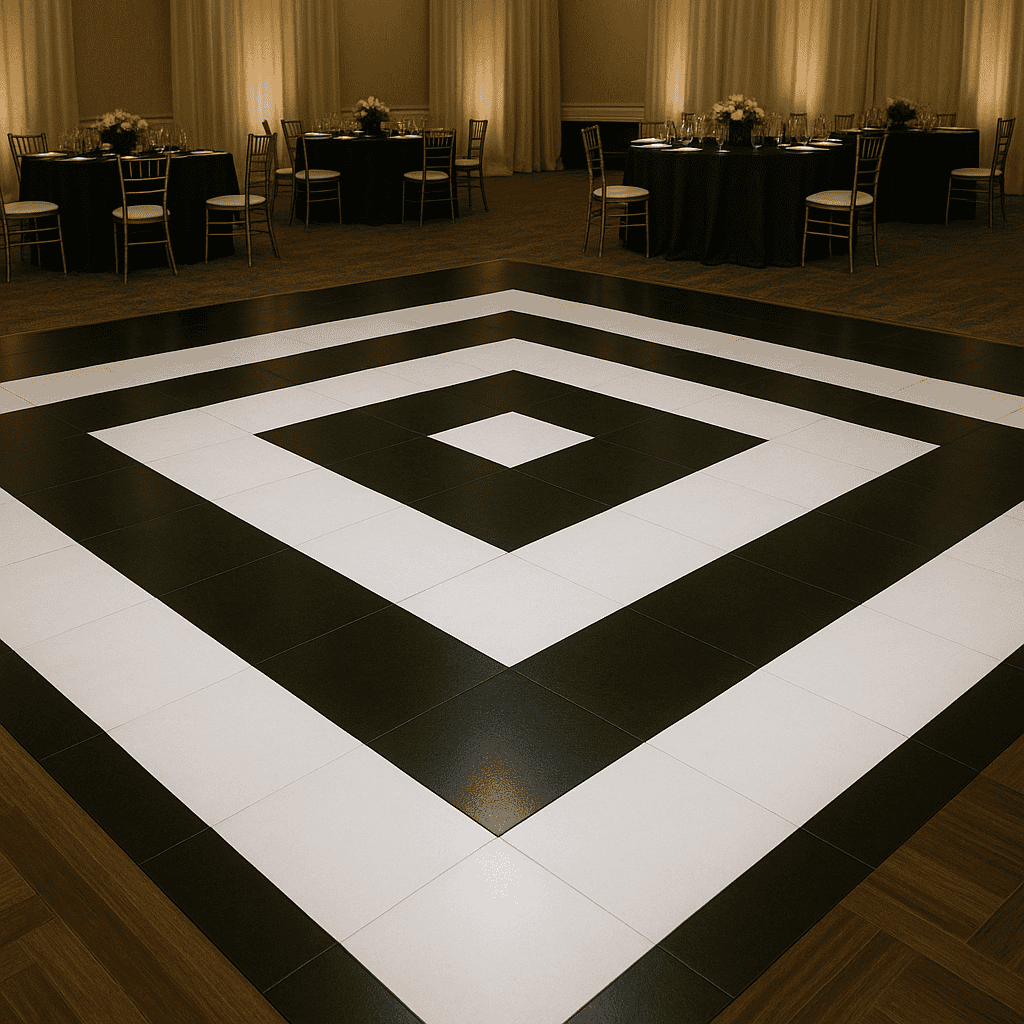 Elegant ballroom with a black and white target-style square dance floor and surrounding banquet tables.