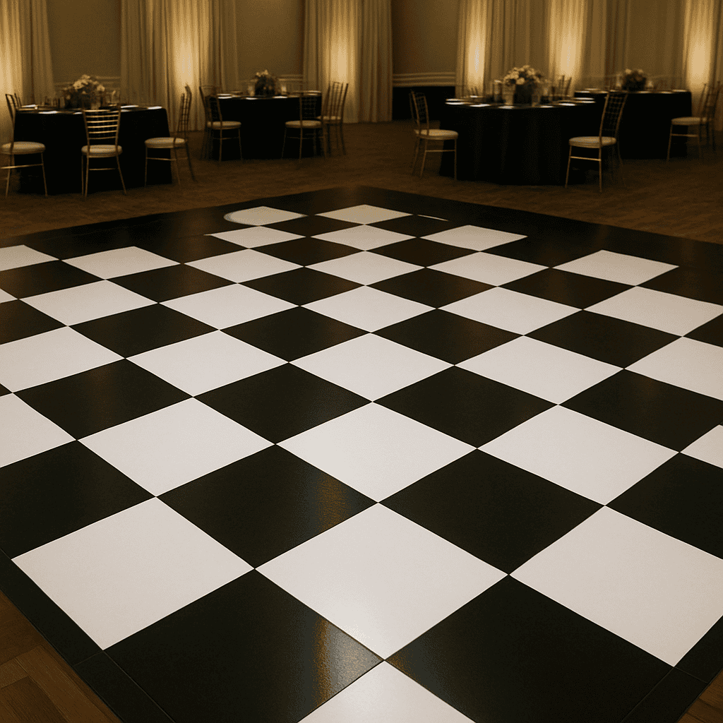 Elegant black and white checkered dance floor in a luxury ballroom with banquet tables and soft ambient lighting