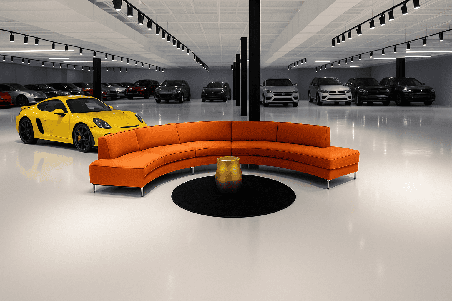 Orange Lounge in Car Showroom (Wider Space) Curved orange sectional sofa with gold accent table and black rug in a modern auto showroom.