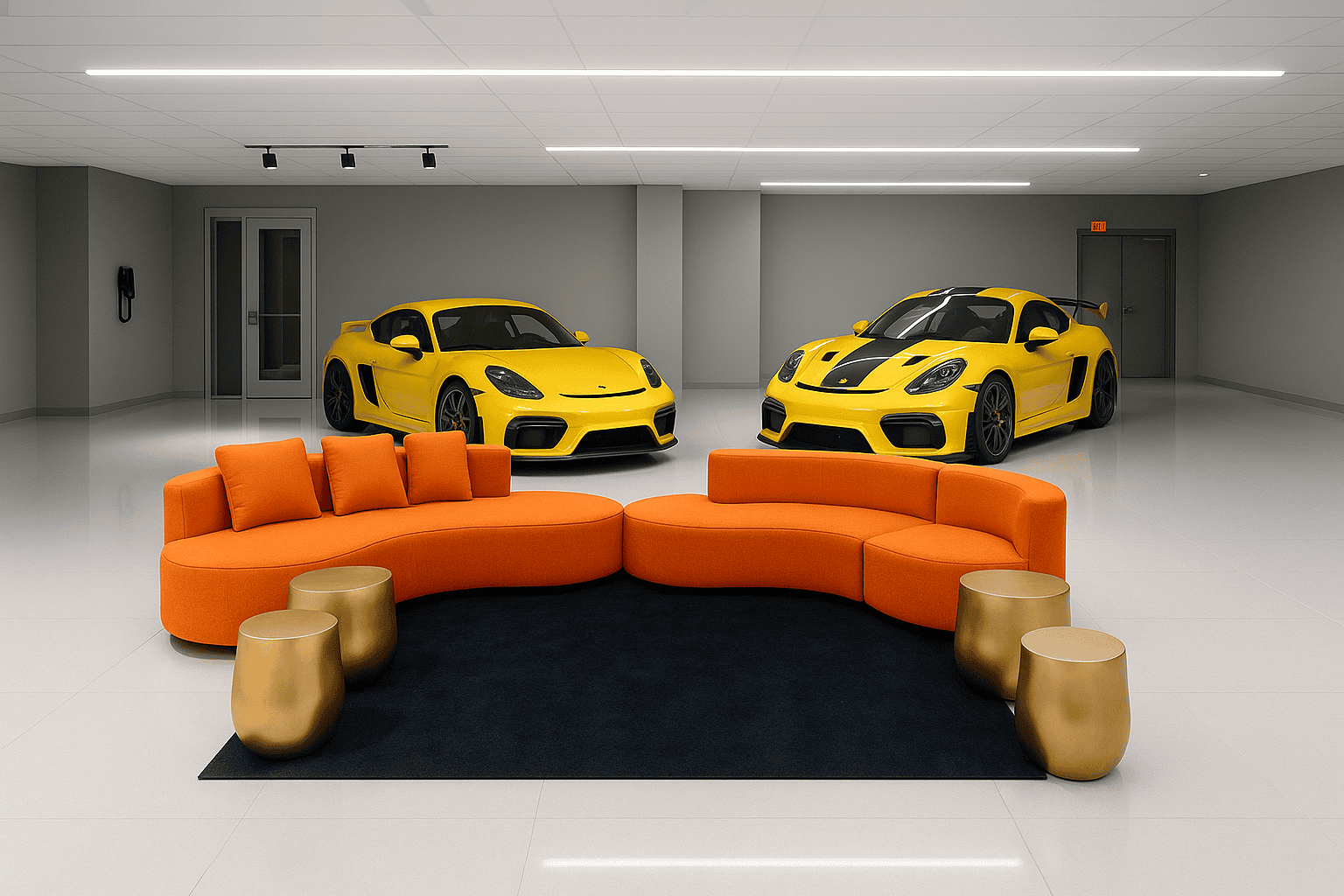 Orange Lounge Set with Yellow Sports Cars in Luxury Showroom Modern orange lounge seating with gold accent tables in front of yellow sports cars in a sleek indoor showroom.