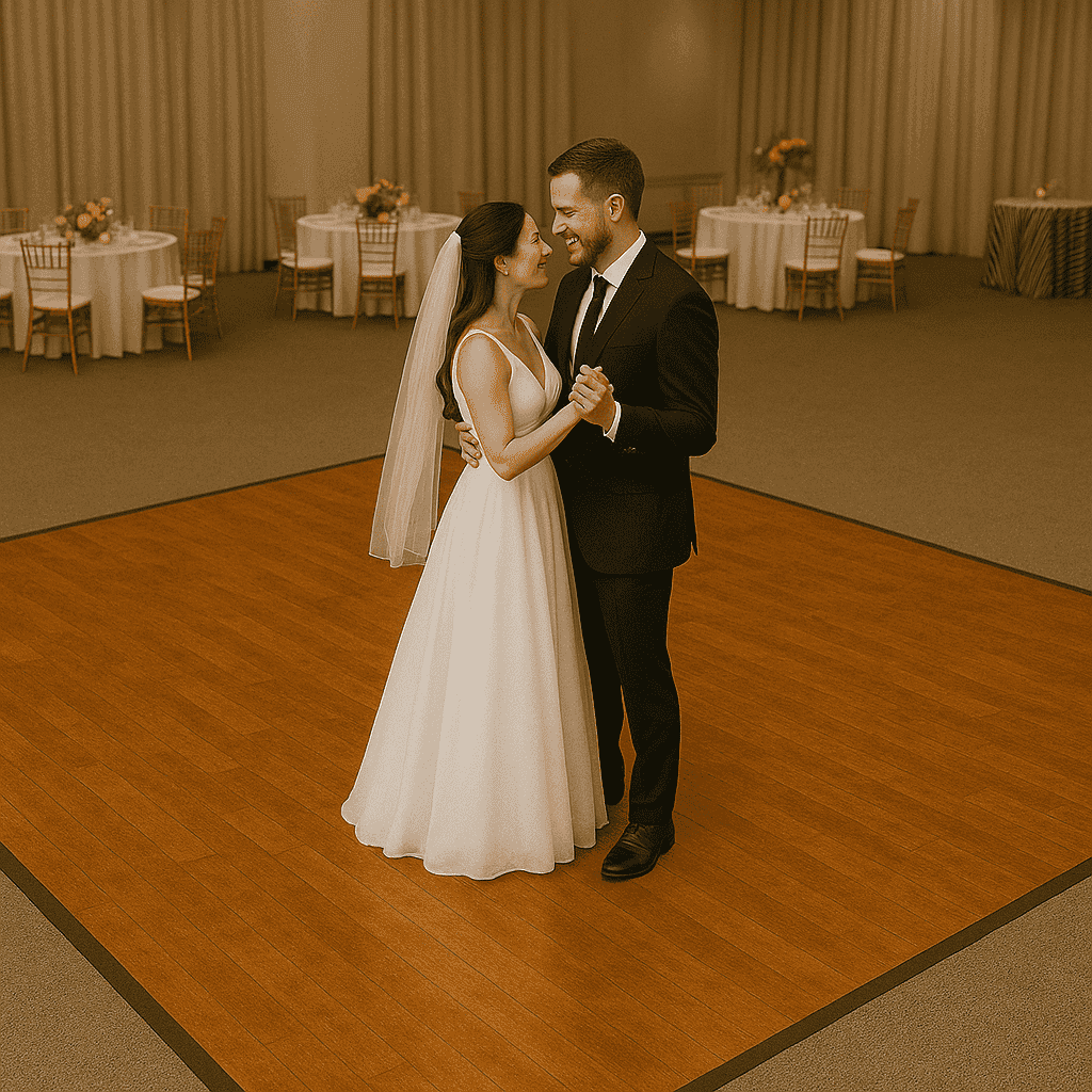 Bride and groom dancing on a large wooden dance floor surrounded by banquet tables and warm lighting.