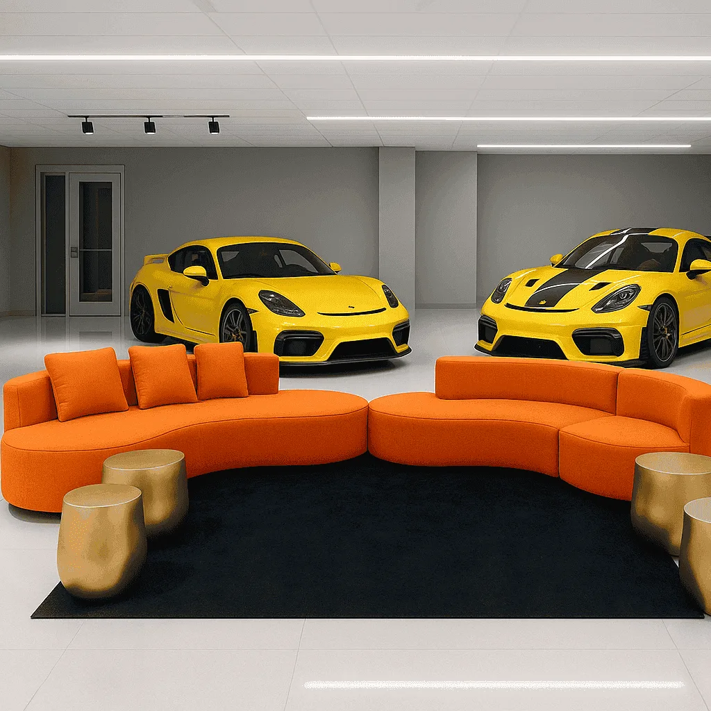 Orange couches with yellow sports cars behind them