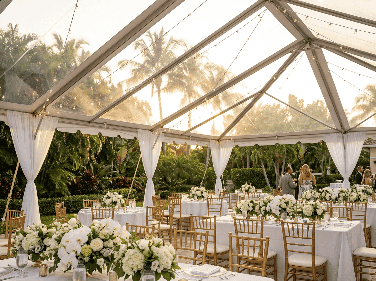 Clear top tent with transparent panels, gold chairs, and white florals for an outdoor event