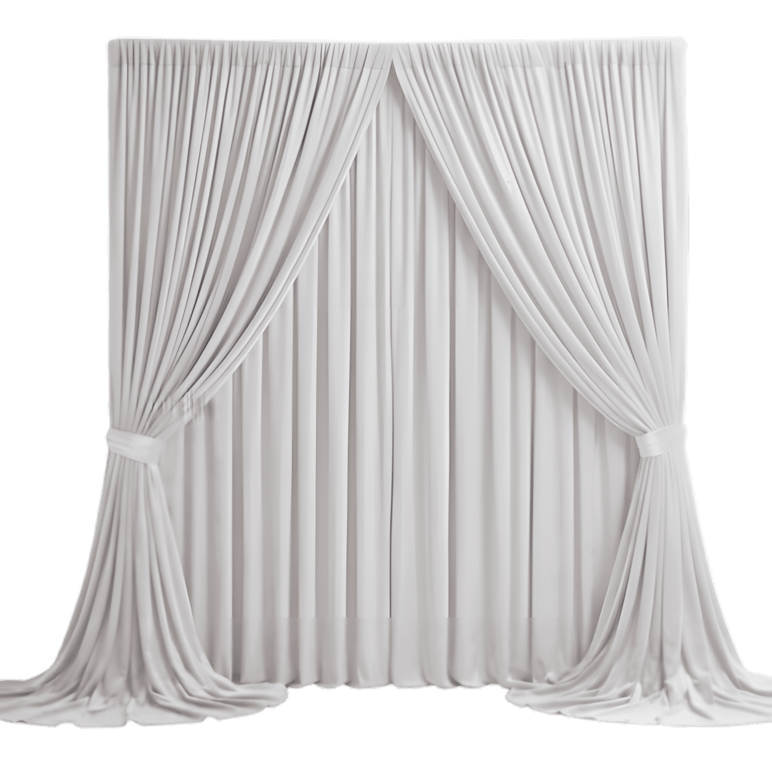 Elegant white wall draping with tied-back curtains, perfect for weddings, parties, and special events, creating a sophisticated backdrop.