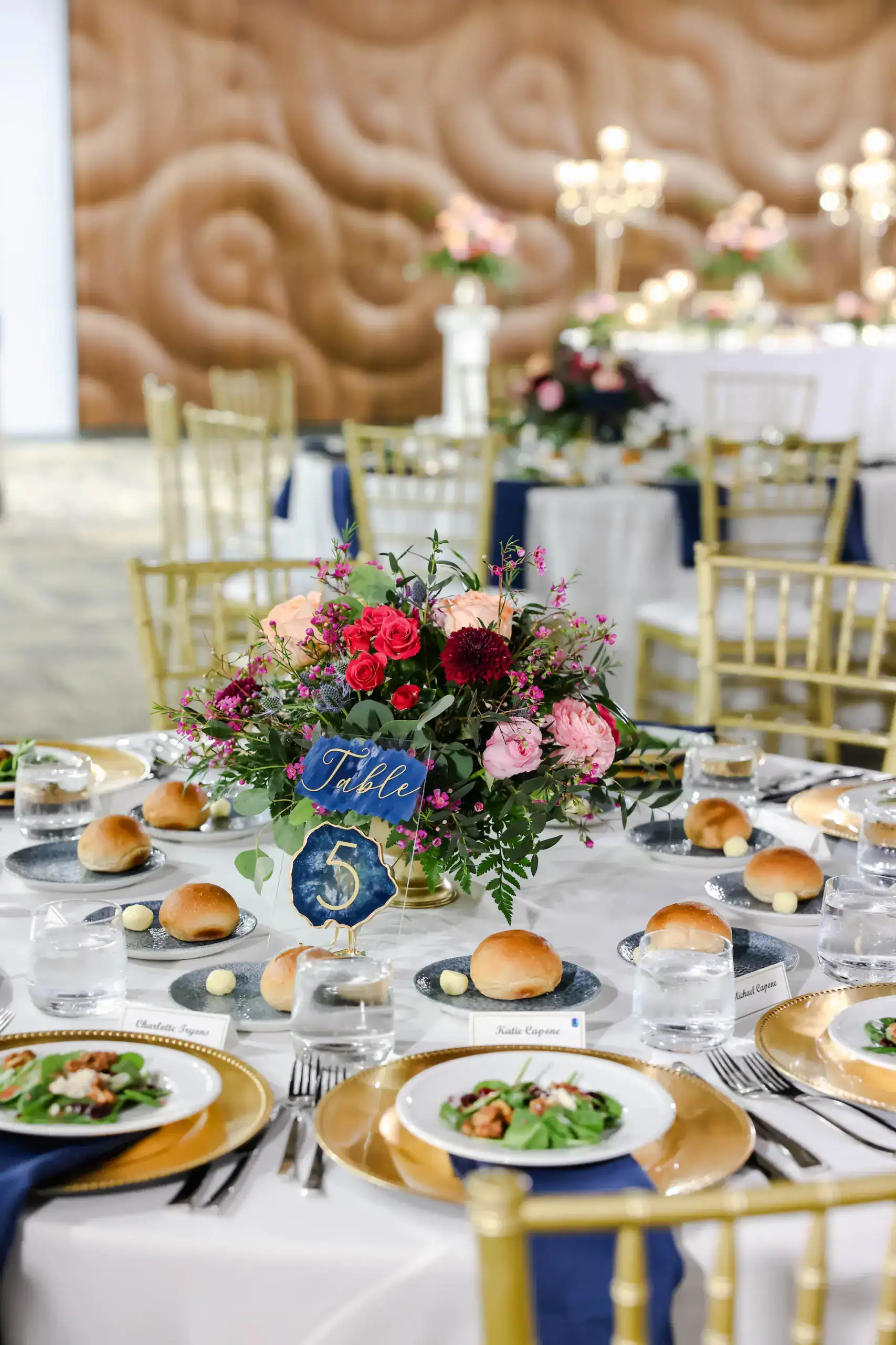 Detailed blue and white reception table setting