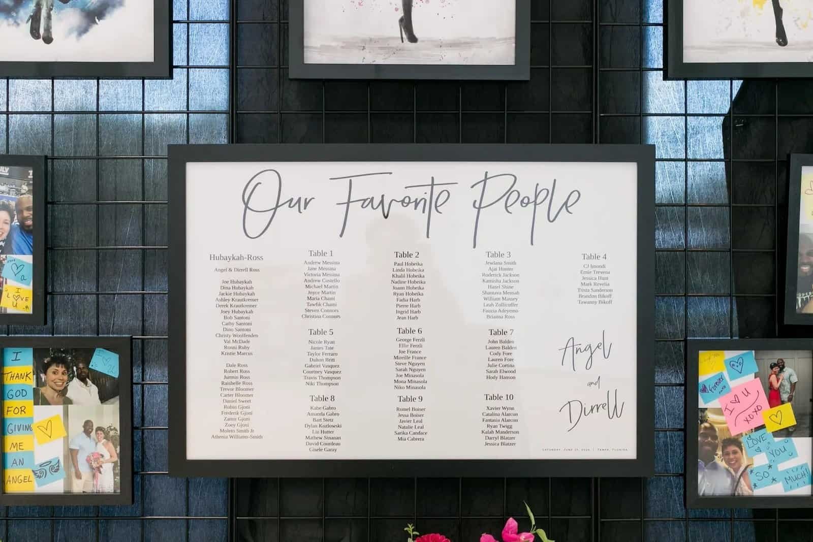 Framed seating display headed Our Favorite People at the reception entrance