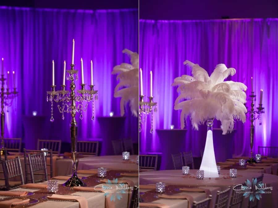 Celebratory wedding reception with lively dancing under vibrant colored event lighting at A La Carte Pavilion