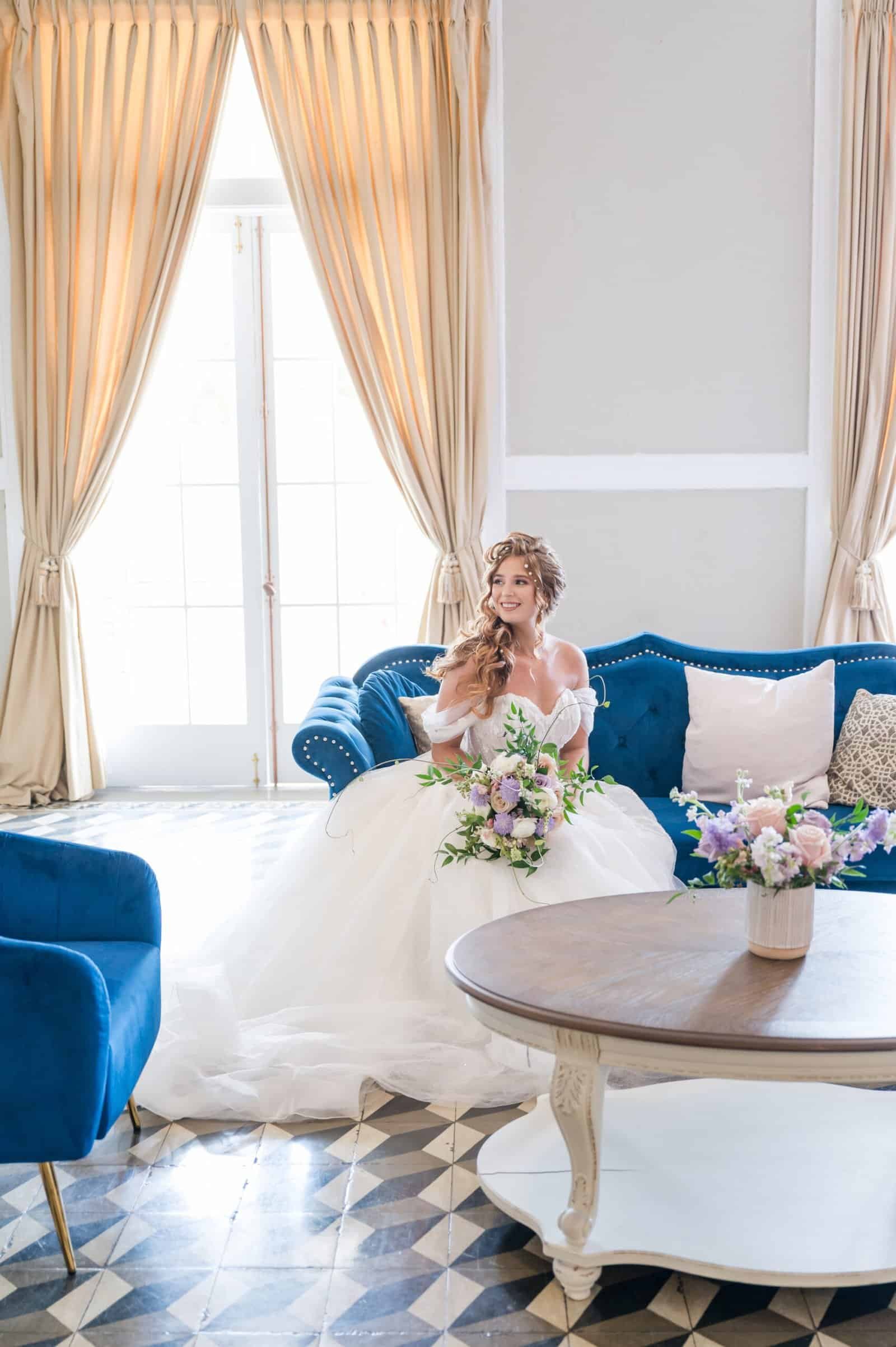 Blue velvet seating lounge cocktail hour furniture from Gabro Event Services