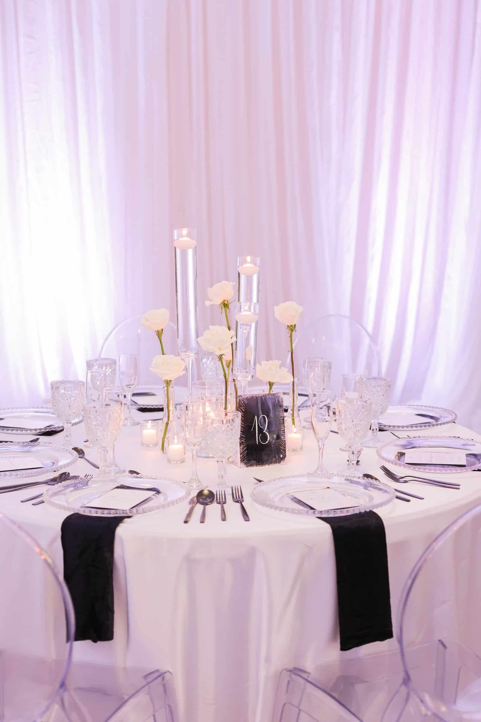 Round table with floor-length white linen, black napkins and clear acrylic chairs against white draping