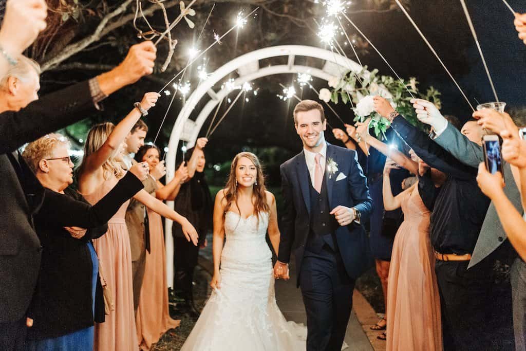 Bride and Groom Romantic Sparkler Wedding Exit Under Night Sky at Davis Island Garden Club