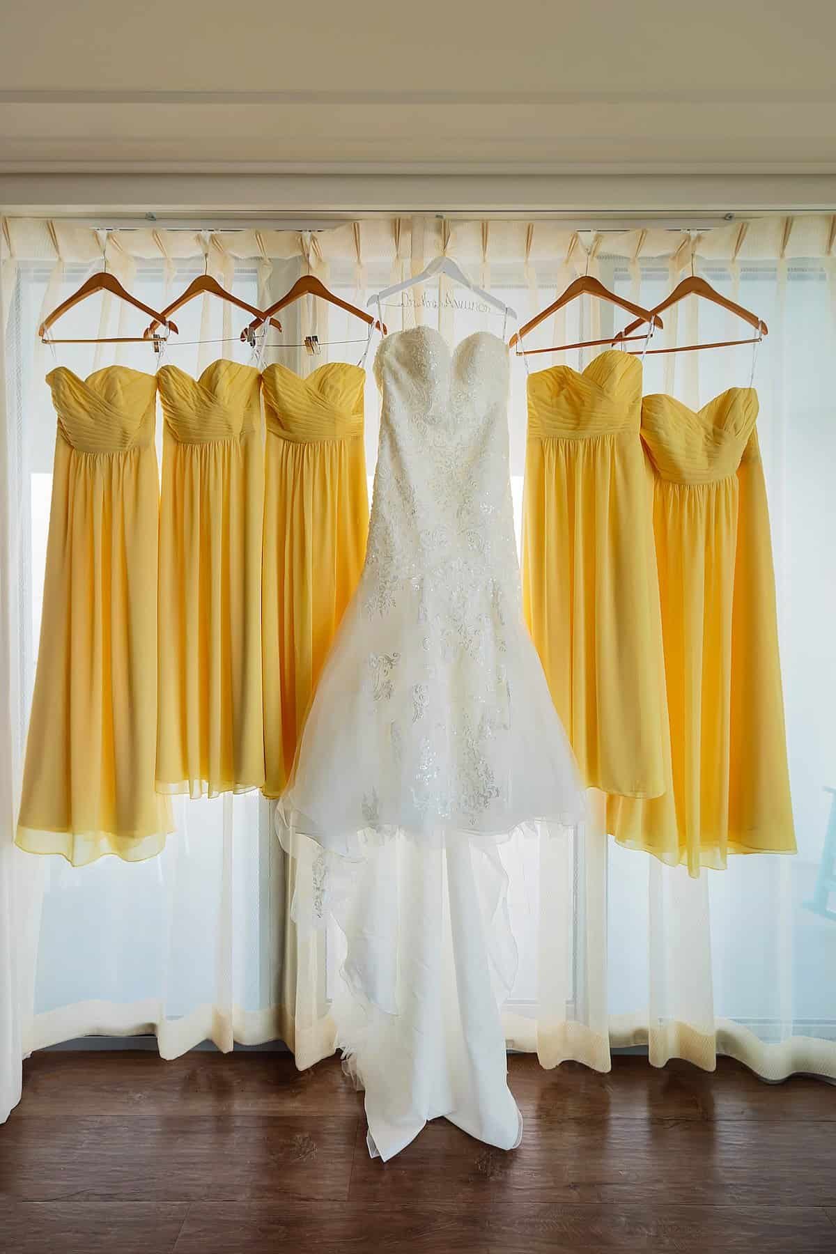Blue and yellow wedding reception tablescape at Duval Ballroom Center in Clearwater Beach
