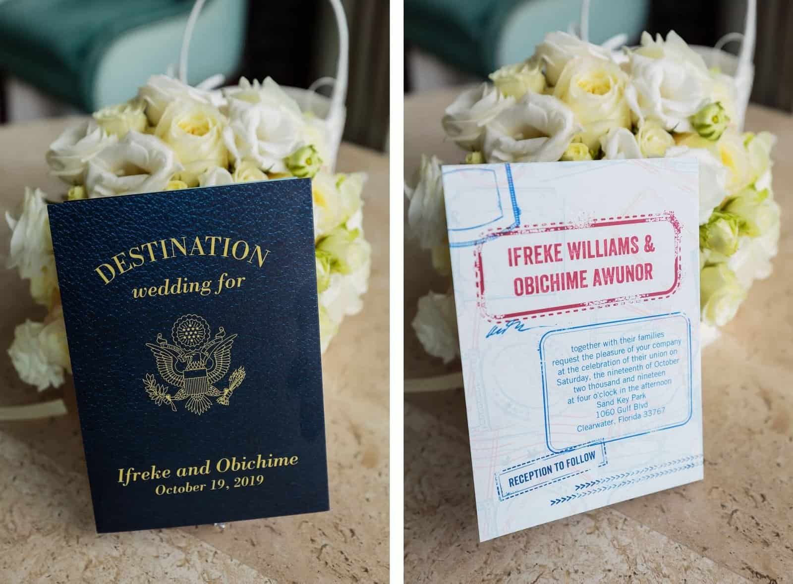 Travel-themed wedding reception decor with passport table details at a Clearwater Beach wedding