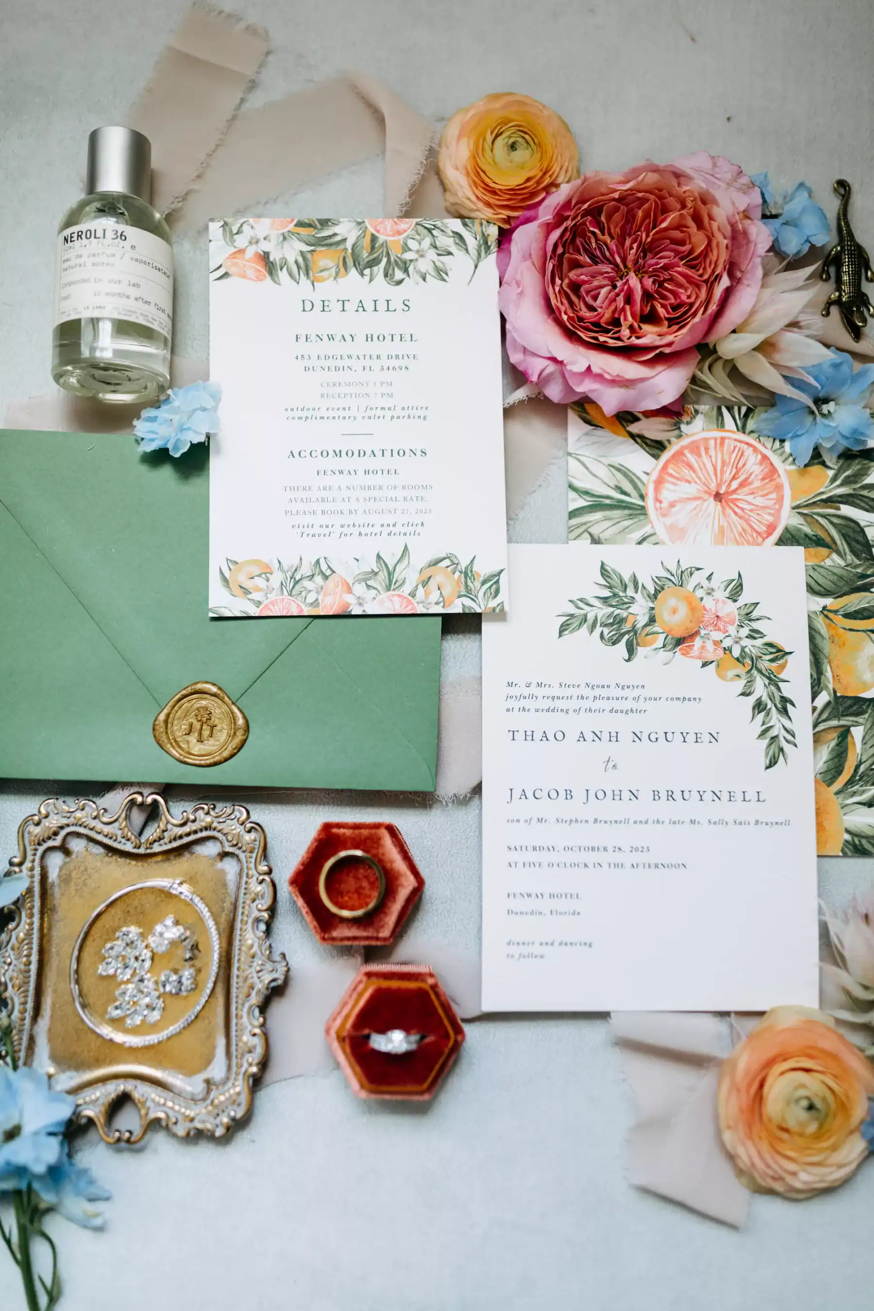 Citrus and Coral Old Florida Fall Wedding Invitation Suite at The Fenway Hotel Dunedin