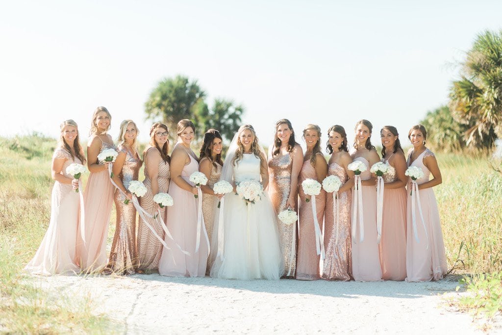 Bridesmaids in Rose Gold Sequin Floor Length Gowns on Clearwater Beach