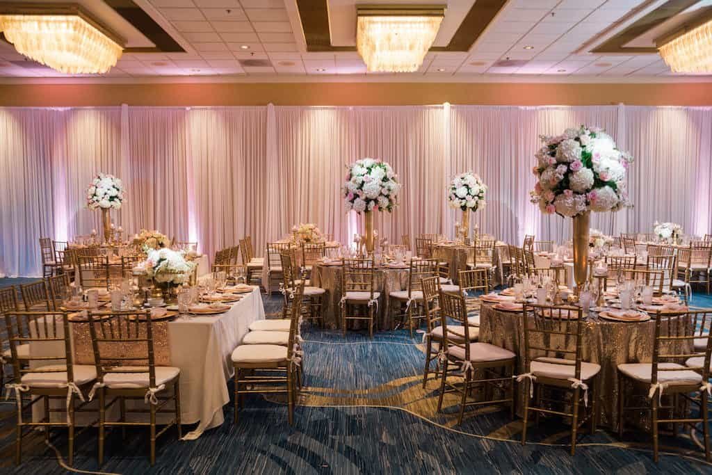 Ballroom Reception with Gabro Event Services Full Room Fabric Draping and Gold Sequin Linens