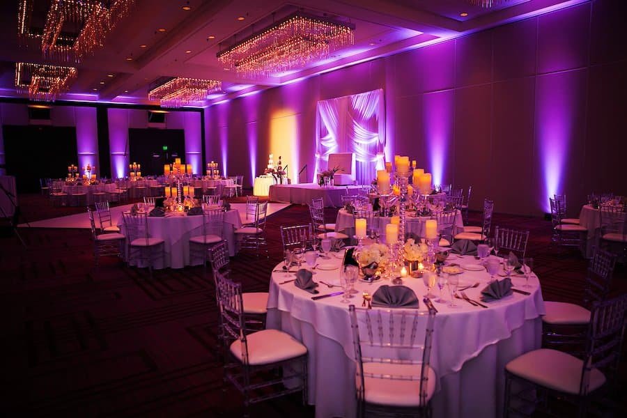 Formal Reception Dining Tables with Clear Chiavari Chairs and Elevated Candelabras