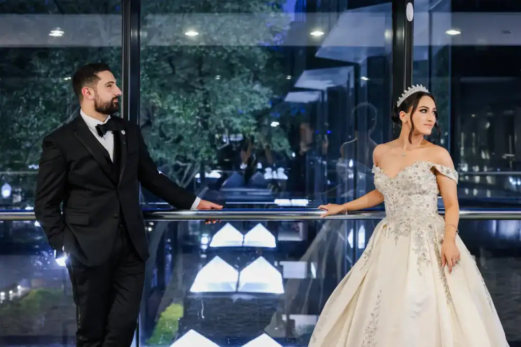 Bride in Stephen Yearick couture ballgown and groom in classic black tuxedo at Hilton Tampa Downtown