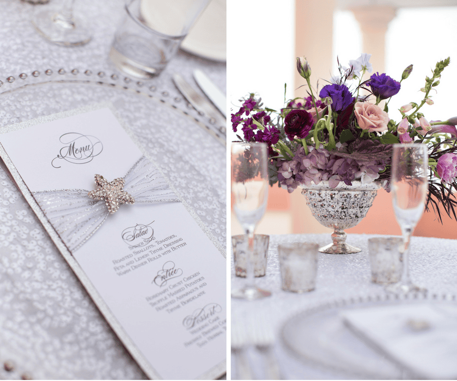 Beaded Glass Charger with Silver Calligraphy Menu and Purple Rose Petals