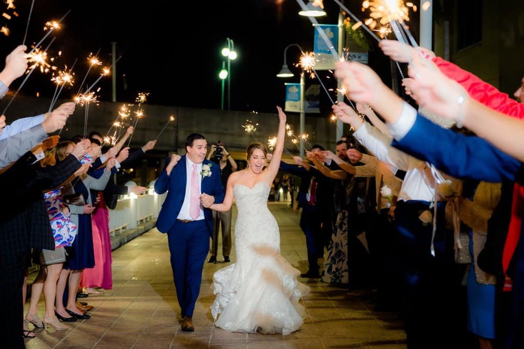 Bride and Groom Grand Sparkler Send Off Along the Riverwalk at Tampa Marriott Water Street