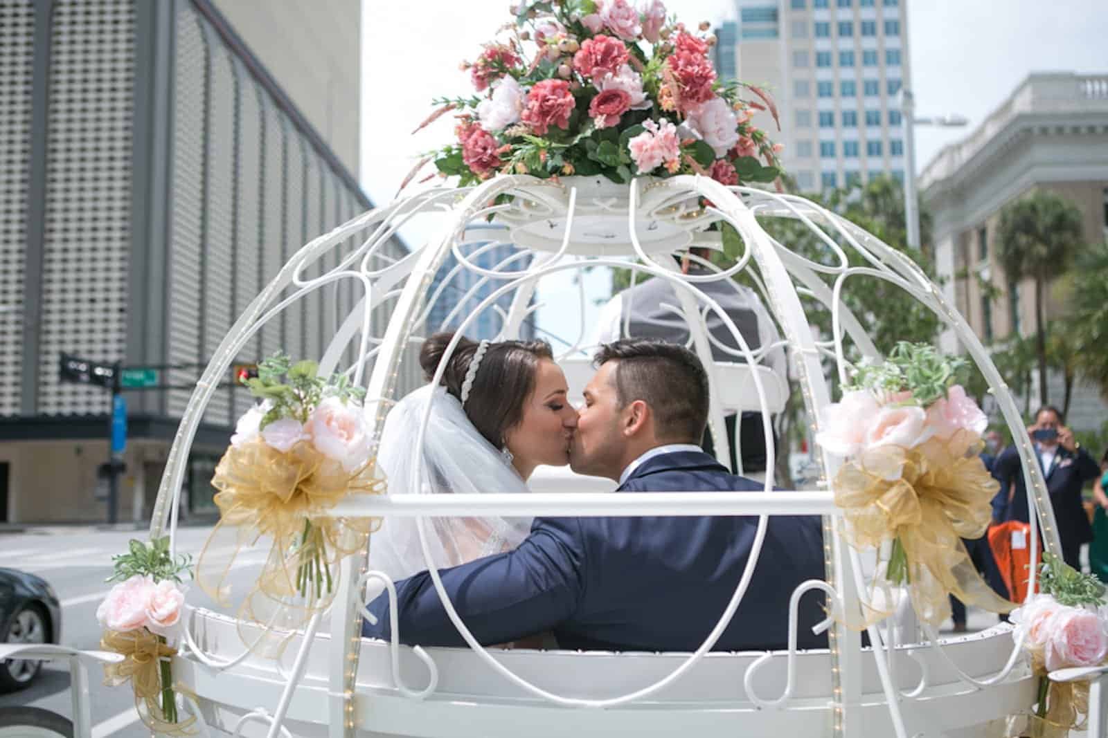 Bride and Groom Horse Drawn Cinderella Carriage Ride Ceremony Send Off through Downtown Tampa