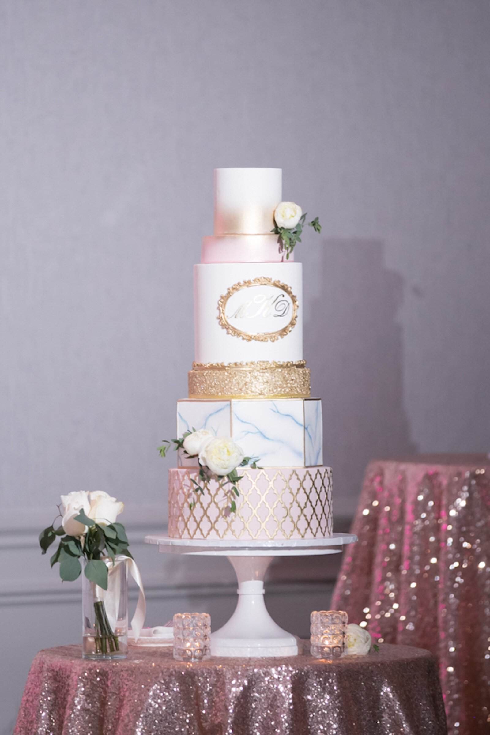 Six Tier Luxury Wedding Cake with Blush Pink and Gold Arabesque Fondant by The Artistic Whisk