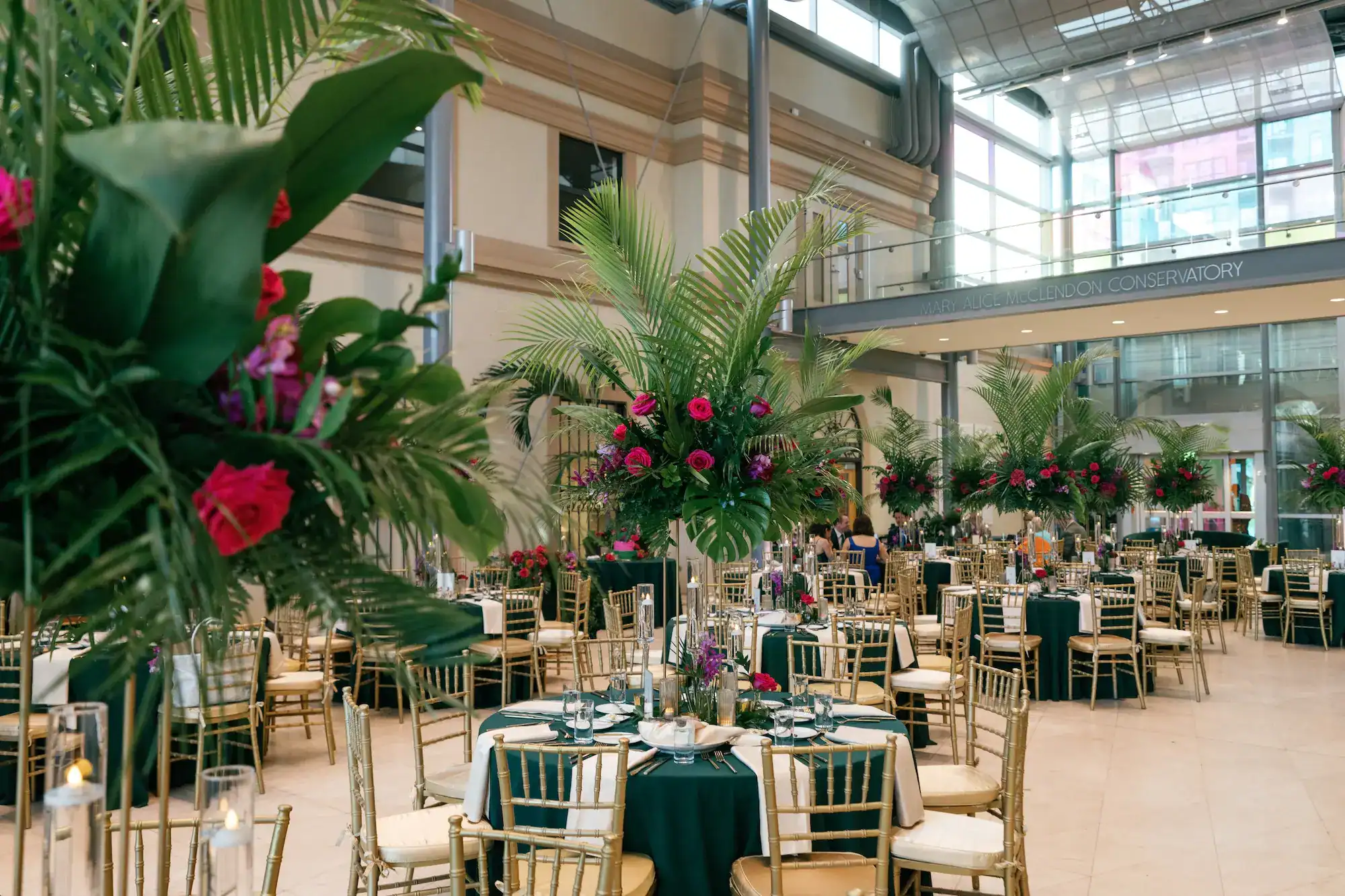 Conservatory reception view showing Gabro Event Services decorative bar and lounge seating area