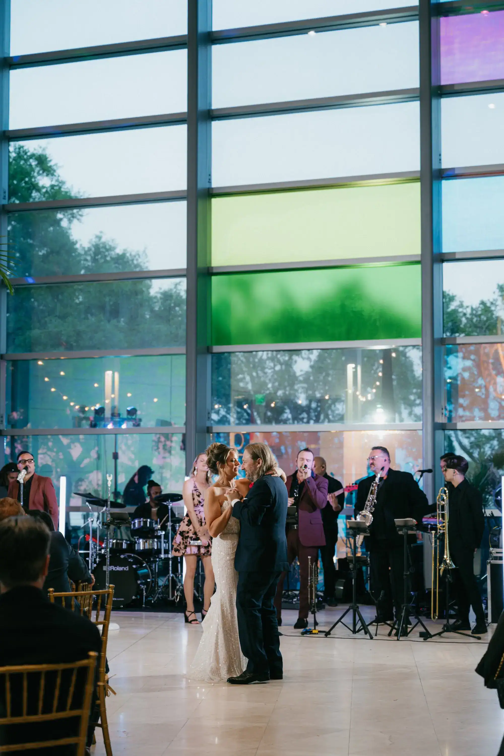 Patty and Greg first dance inside the grand glass conservatory at Museum of Fine Arts St Pete
