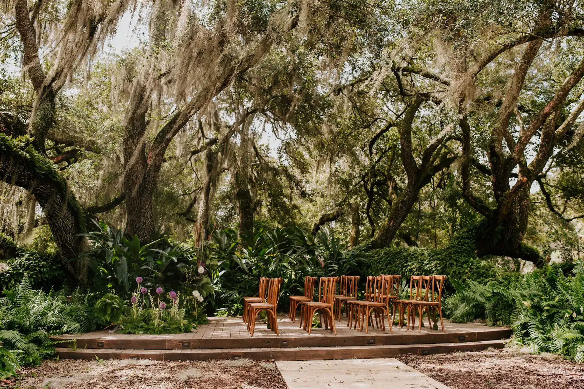 Whimsical forest wedding ceremony altar decor with moss and purple florals at Mill Pond Estate