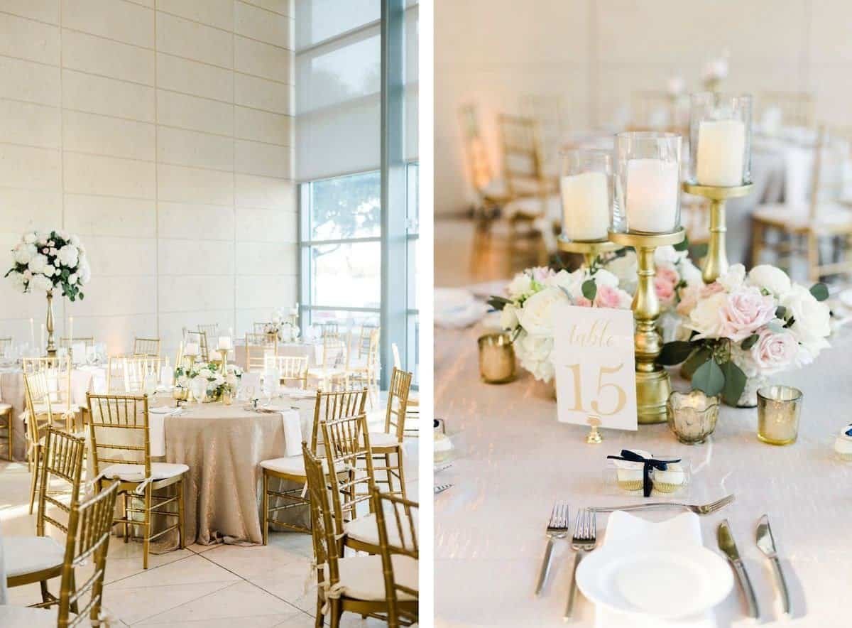 Lush floral arrangements by Bruce Wayne Florals accentuating a romantic wedding ceremony space.