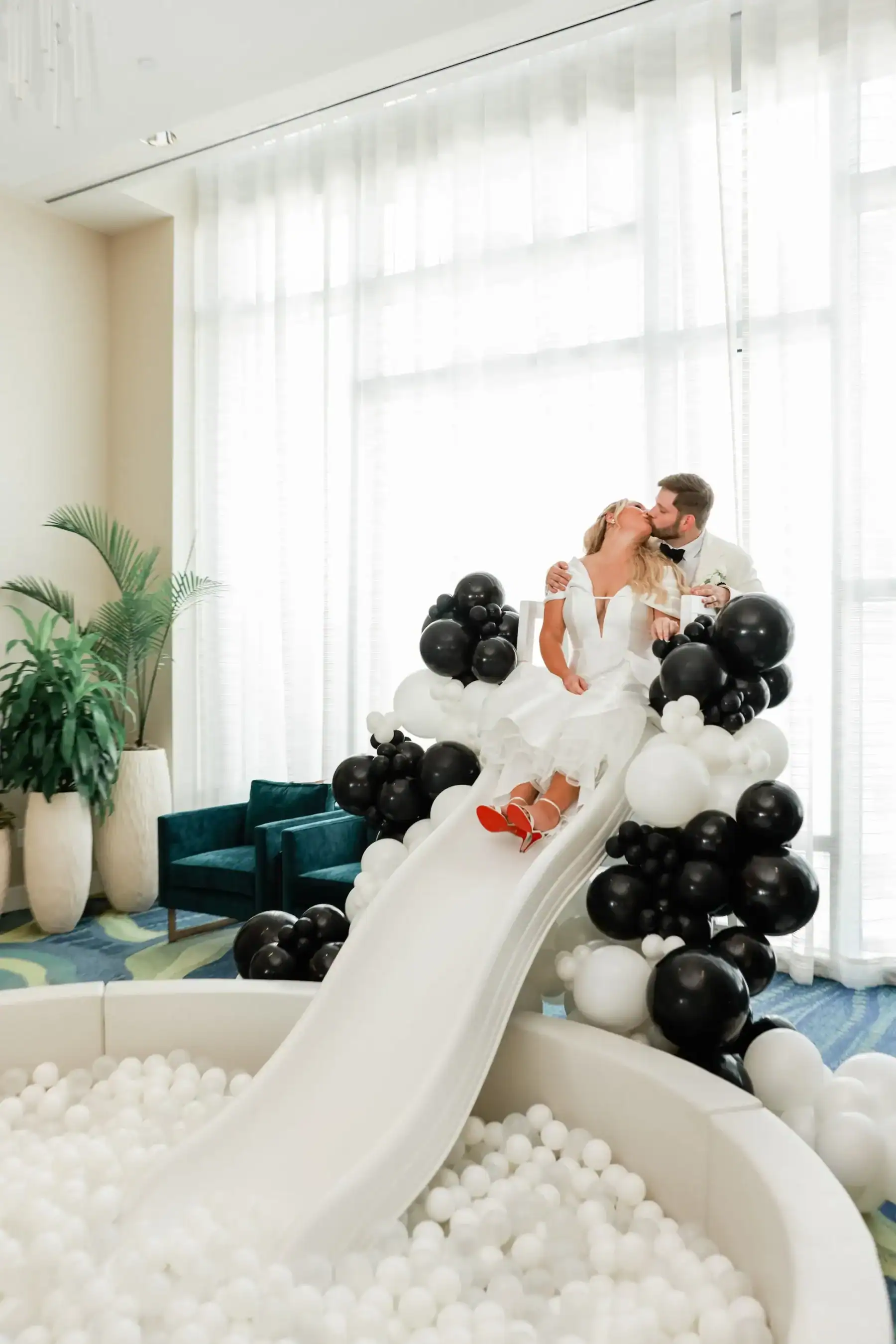 Chic black and white ballroom wedding reception overlooking Clearwater Beach at Opal Sands Resort