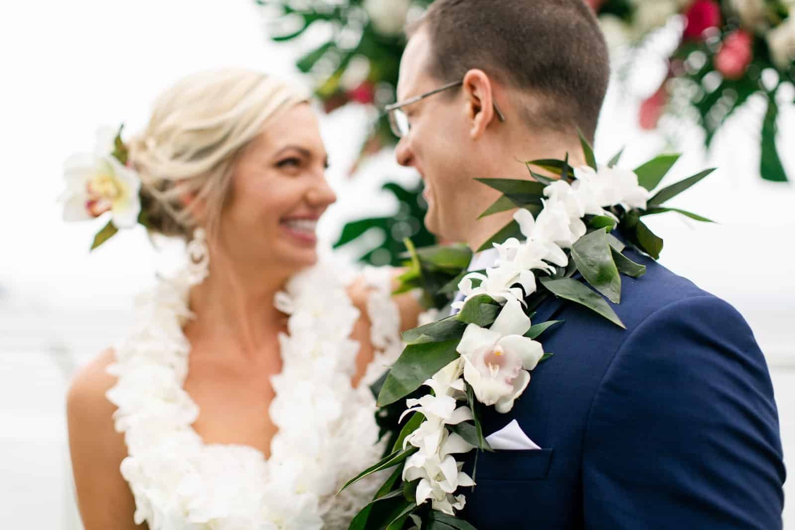 Tropical Elegant Bride and Groom Wedding Portrait Wearing Authentic Hawaiian Floral Leis