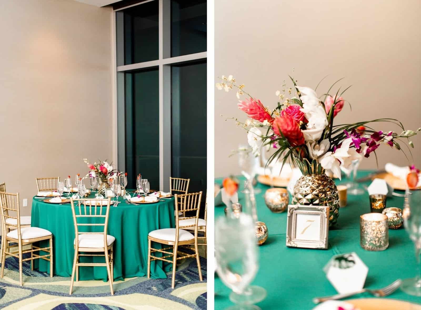 Tropical Reception Tablescape with Teal Linens Gold Chiavari Chairs by Gabro Event Services and Gilded Pineapples