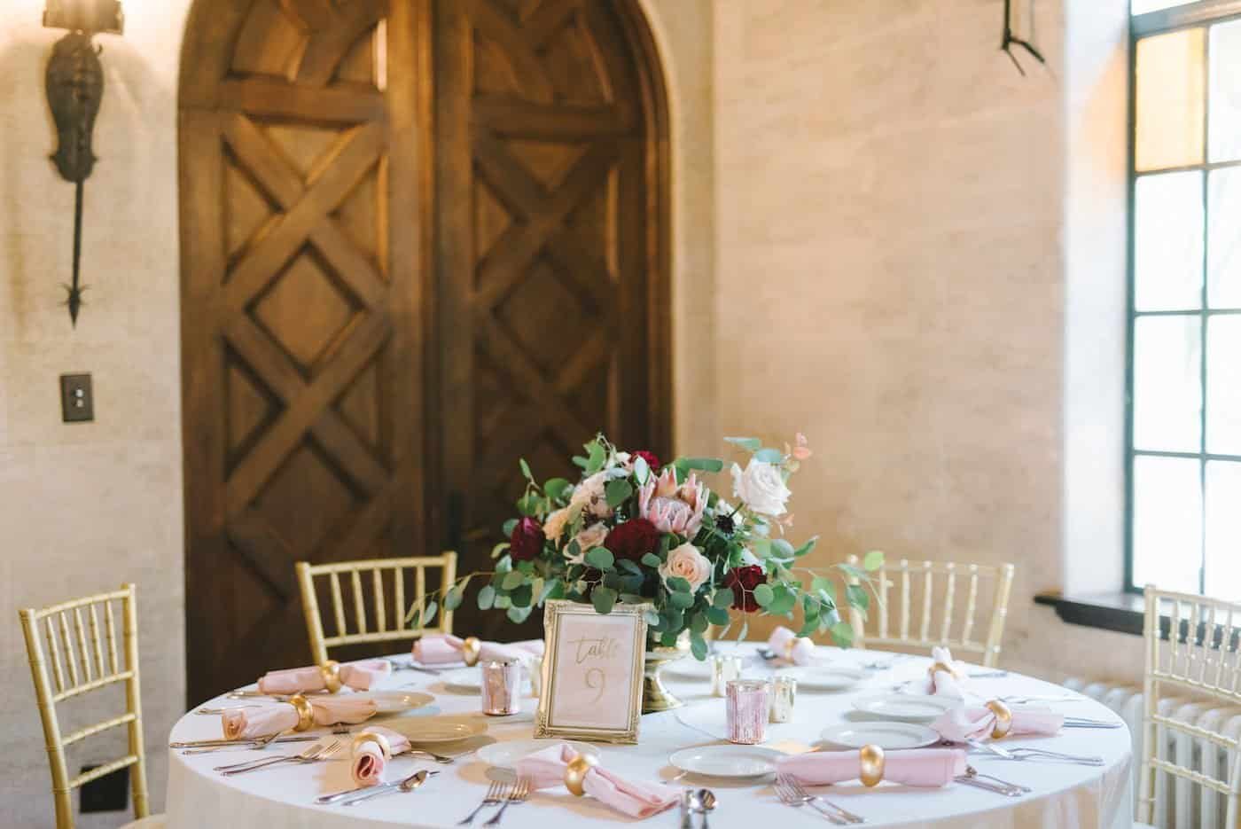 Romantic Reception Tablescape at Powel Crosley Estate with Gold Chiavari Chairs by Gabro Event Services and Burgundy Floral Centerpieces