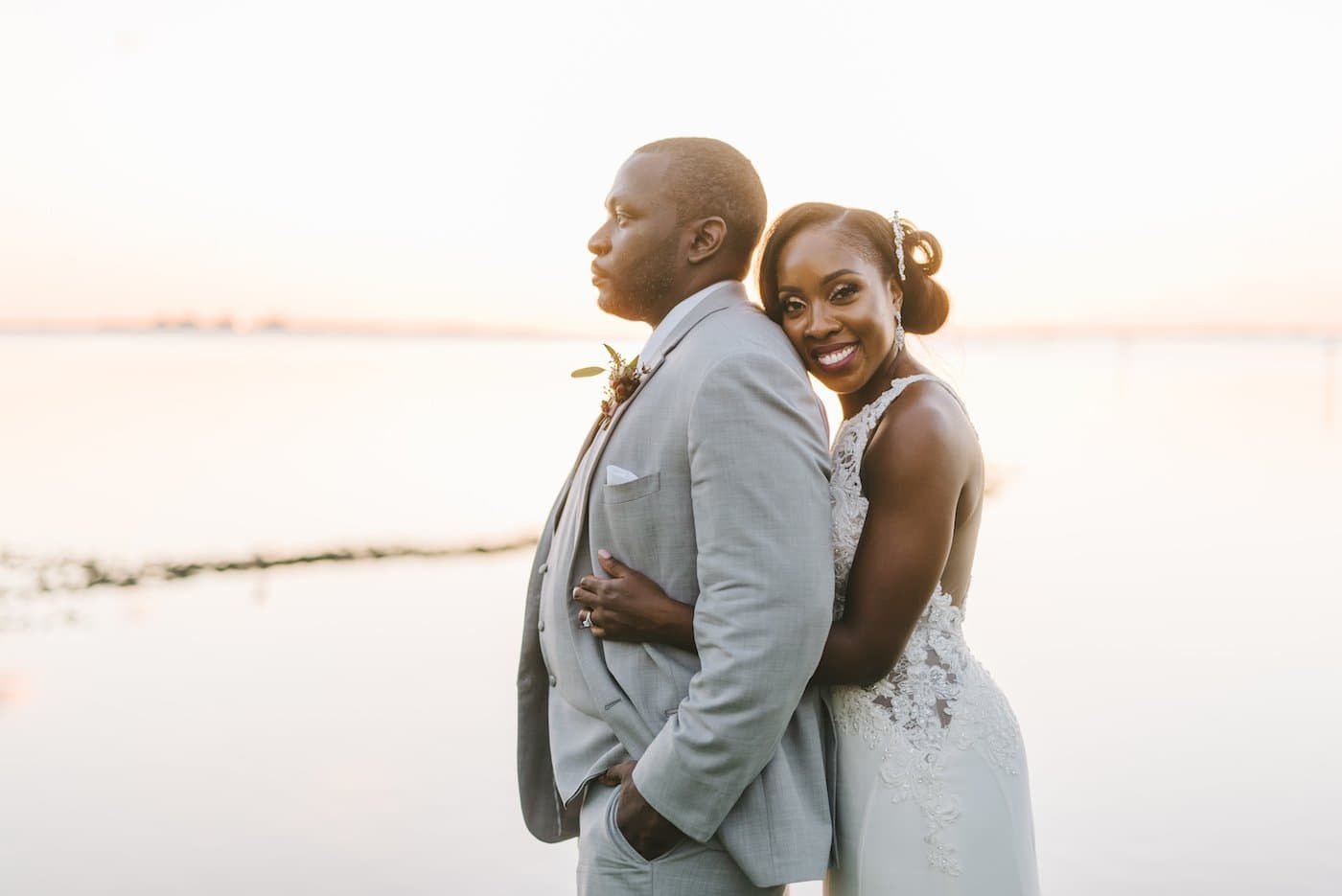 Bride and Groom Romantic Sunset Wedding Portrait on the Waterfront at Powel Crosley Estate