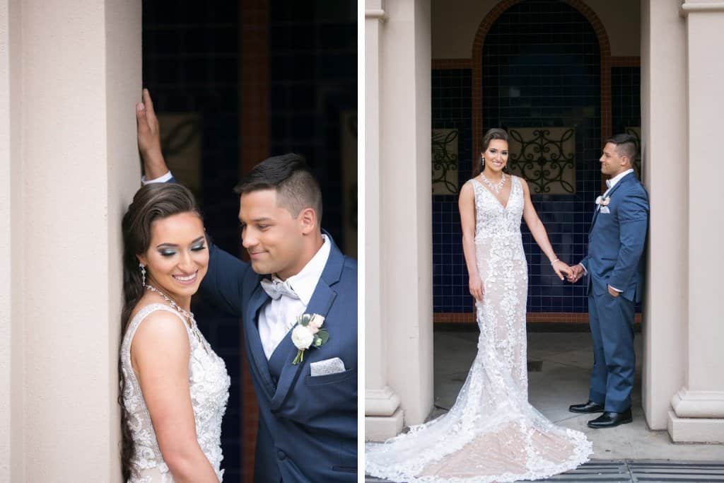 Bride Holding Organic Dusty Blue Blush Pink and White Rose Bouquet by Gabro Event Services