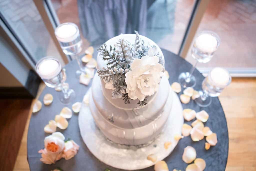 Three Tier White and Grey Marble Wedding Cake with Silver Accents by Alessi Bakeries