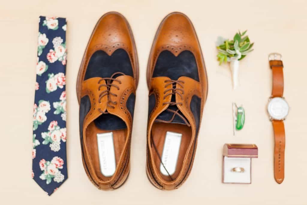 Groom Wearing Floral Print Necktie and Succulent Boutonniere at St. Pete Shuffleboard Club