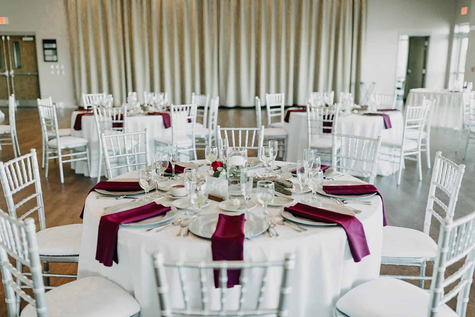 Ballroom Reception with Gabro Event Services Ceiling Draping and Silver Chiavari Chairs