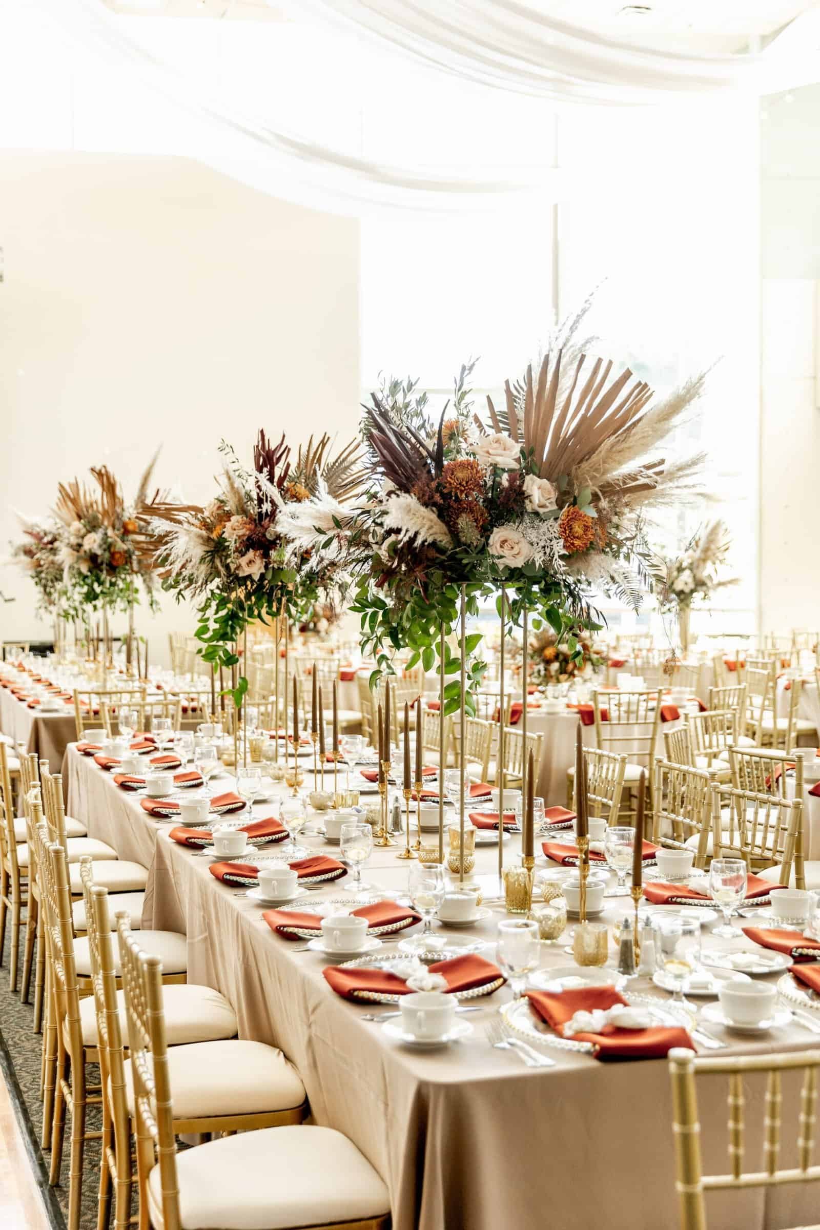 Art-deco gold Chiavari ballroom ceremony seating overlooking the Tampa skyline at Centre Club