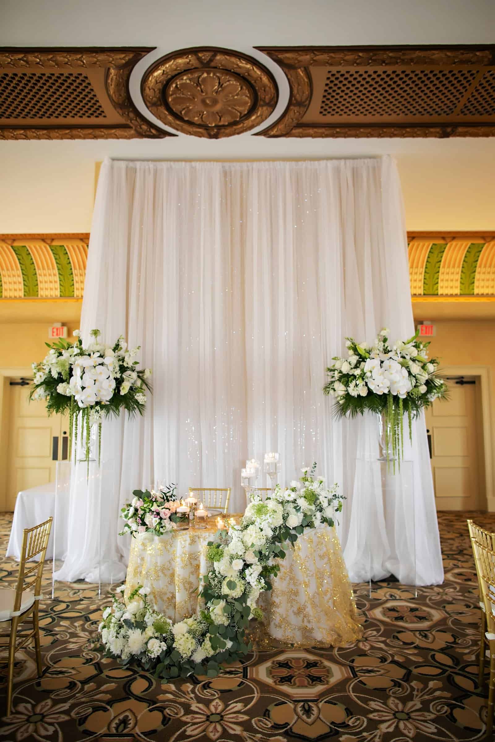 An elegant wedding ballroom set with classic white linens and sophisticated gold accents.