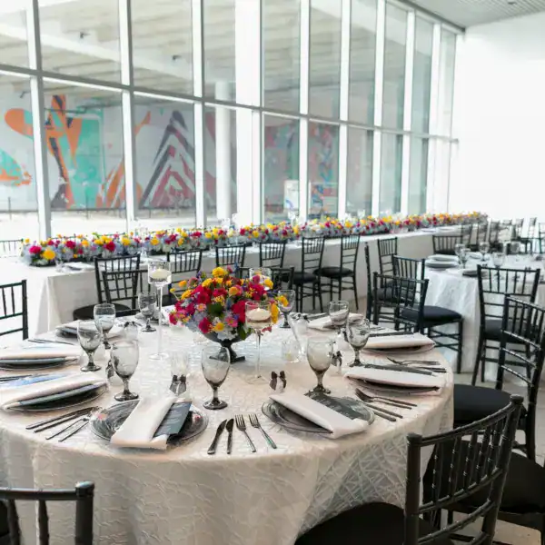 Chic lounge furniture vignette and cocktail tables from Gabro Event Services