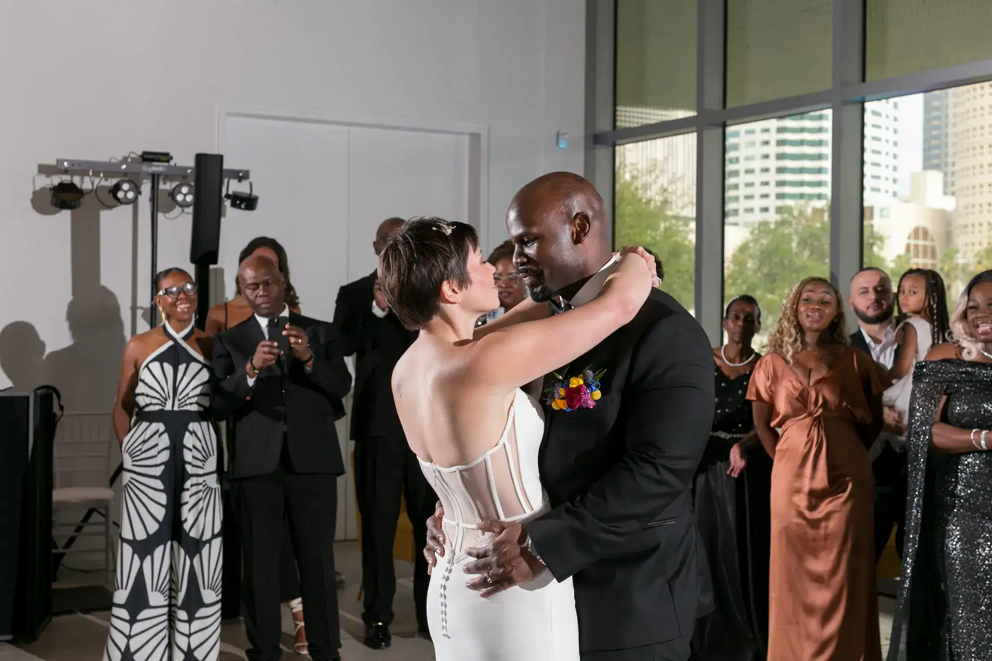 Bride and groom first dance on the custom dance floor by Gabro Event Services