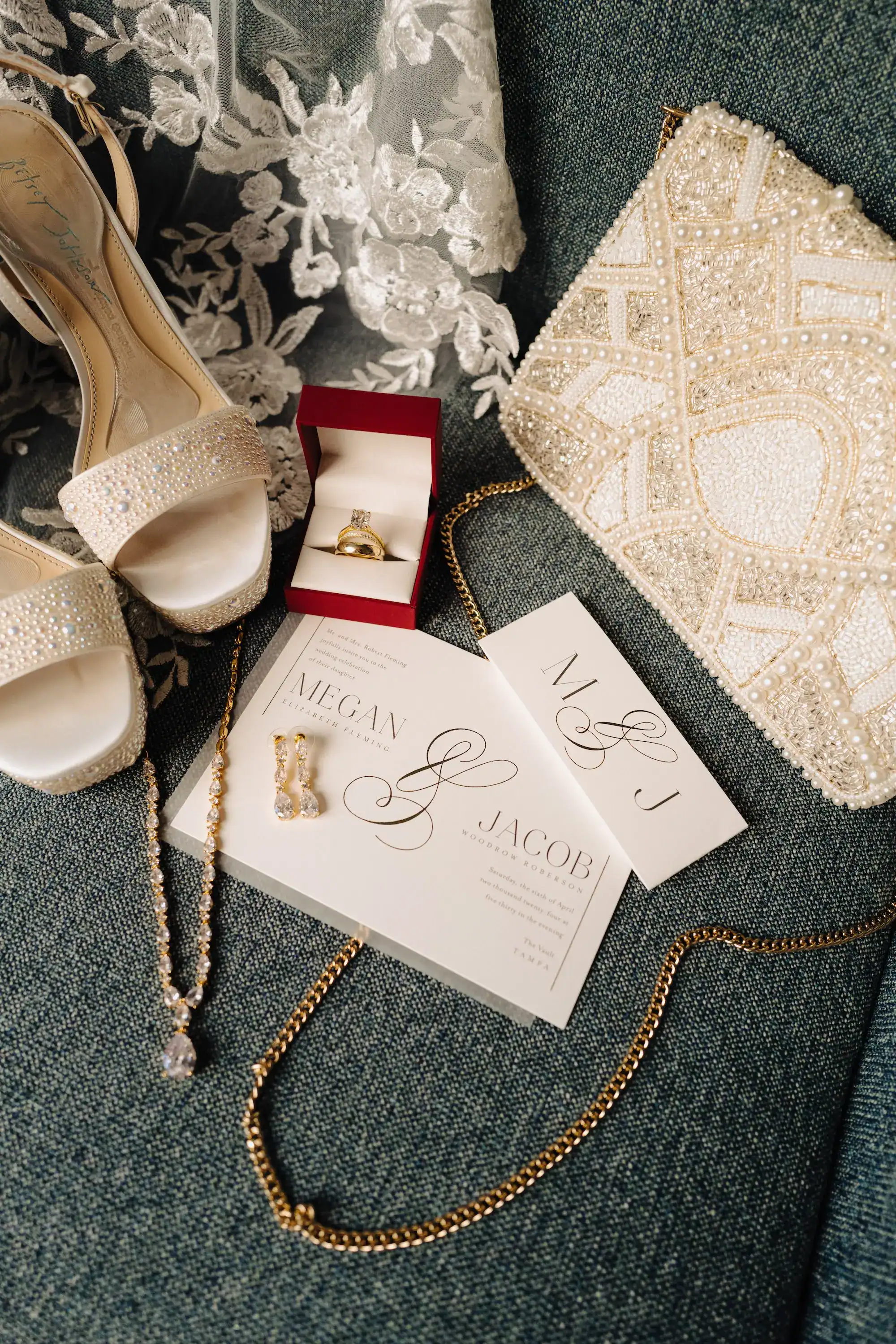 White and Gold Wedding Invitation Suite with Custom Calligraphy for Downtown Tampa Wedding at The Vault