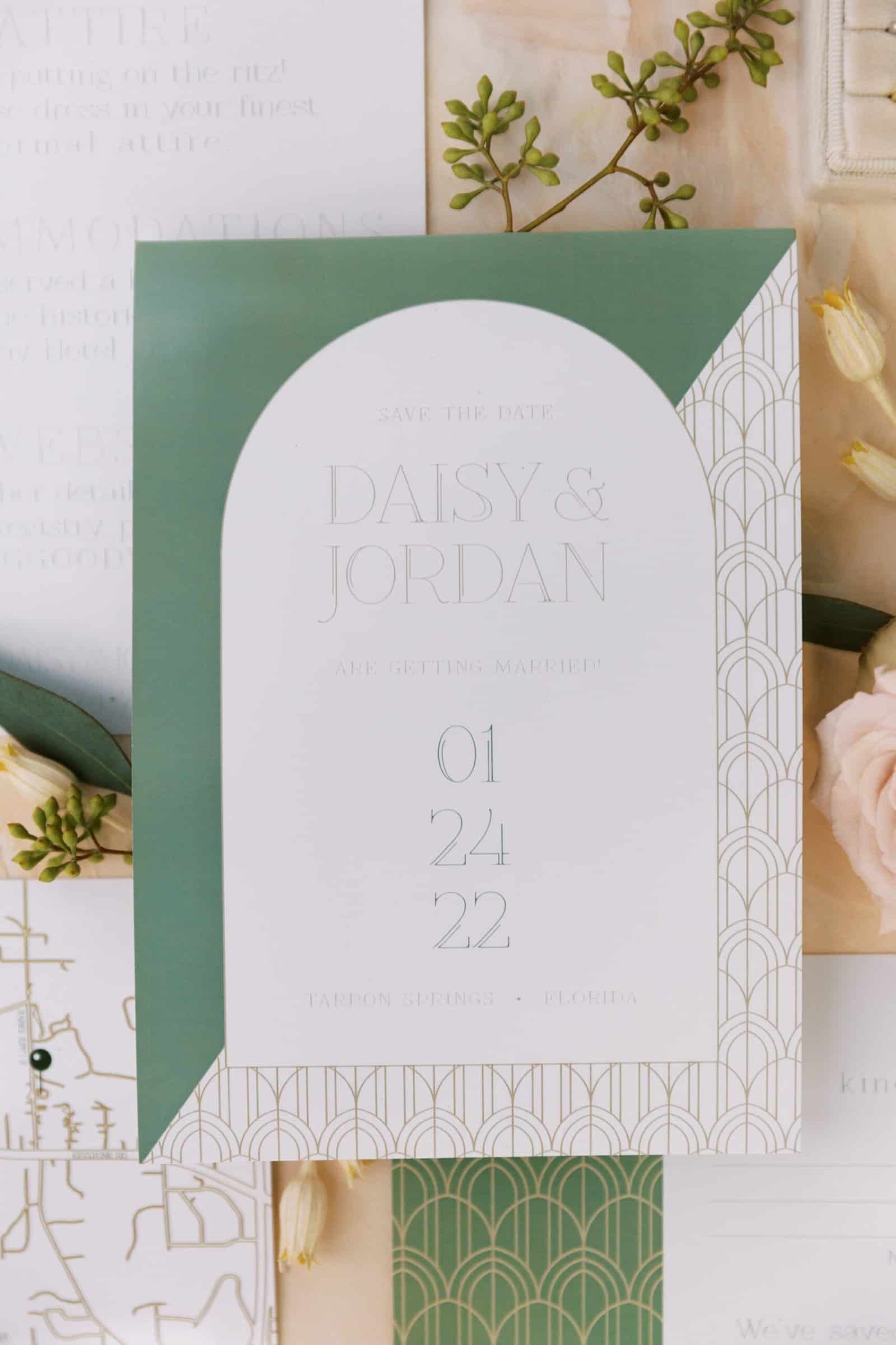 Vintage Gatsby 1920s Wedding Invitation Suite and Details at Whitehurst Gallery